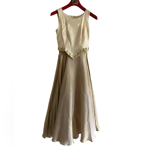 Vtg Gloria 100% Silk Gold Sleeveless A-Line Tool Maxi Dress Sz Small - Picture 5 of 16